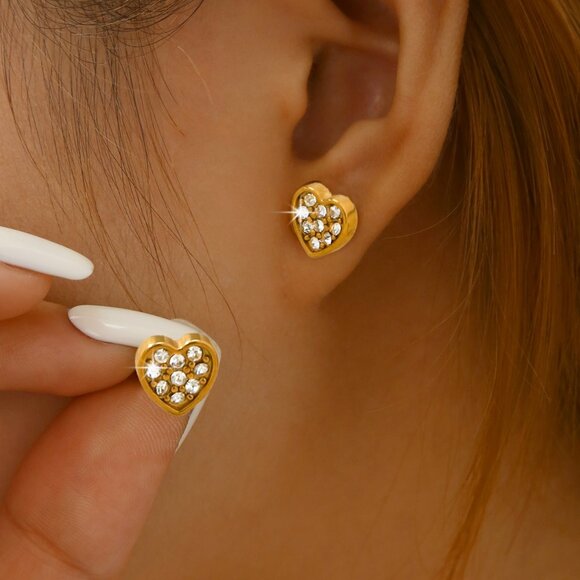 3/$35 Gold Plated Heart Stud Earrings Pave Clear Rhinestone Crystals Zirconia - Picture 1 of 8